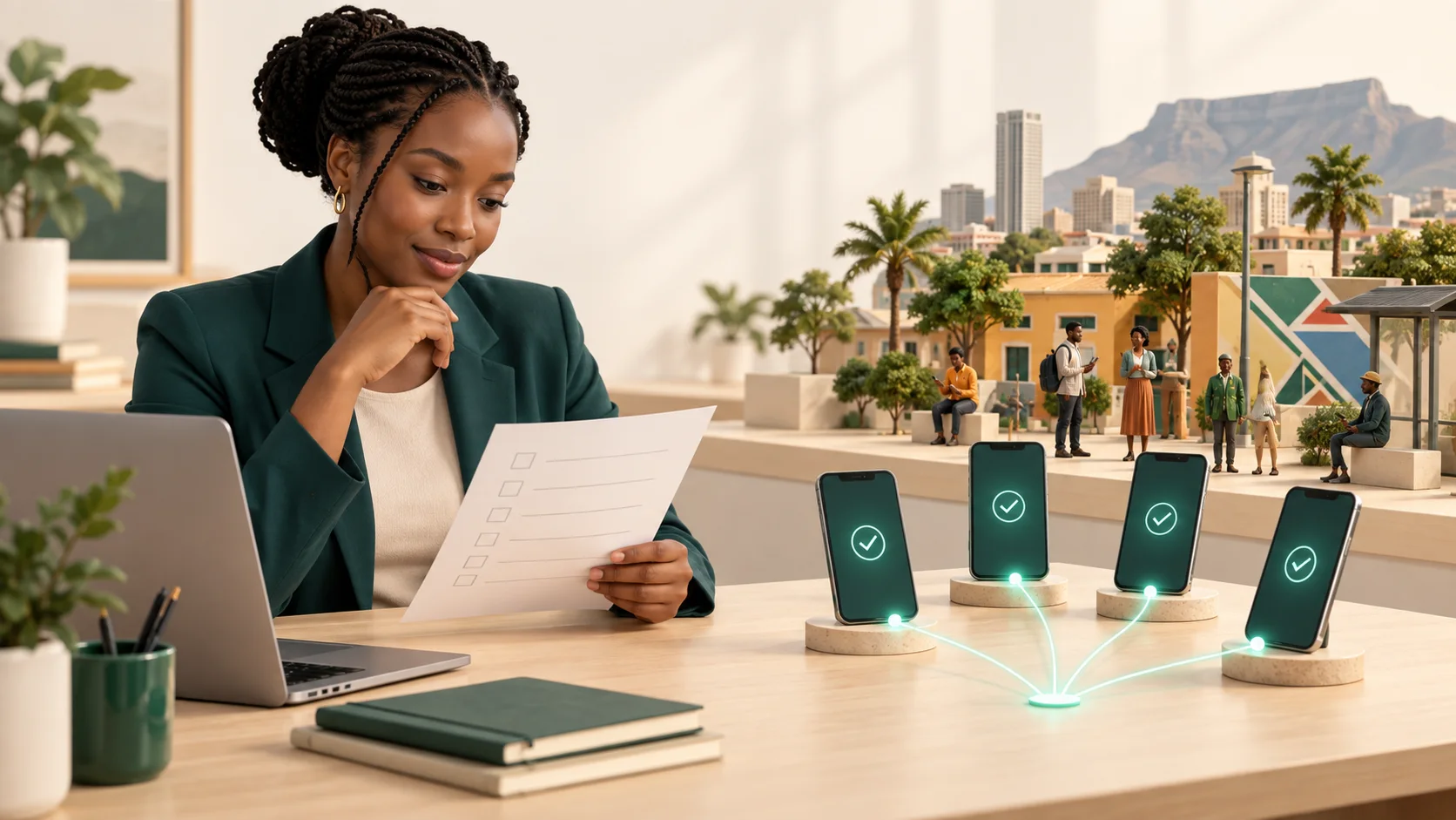 Editorial illustration of a research analyst checking a list beside phones representing airtime incentive distribution