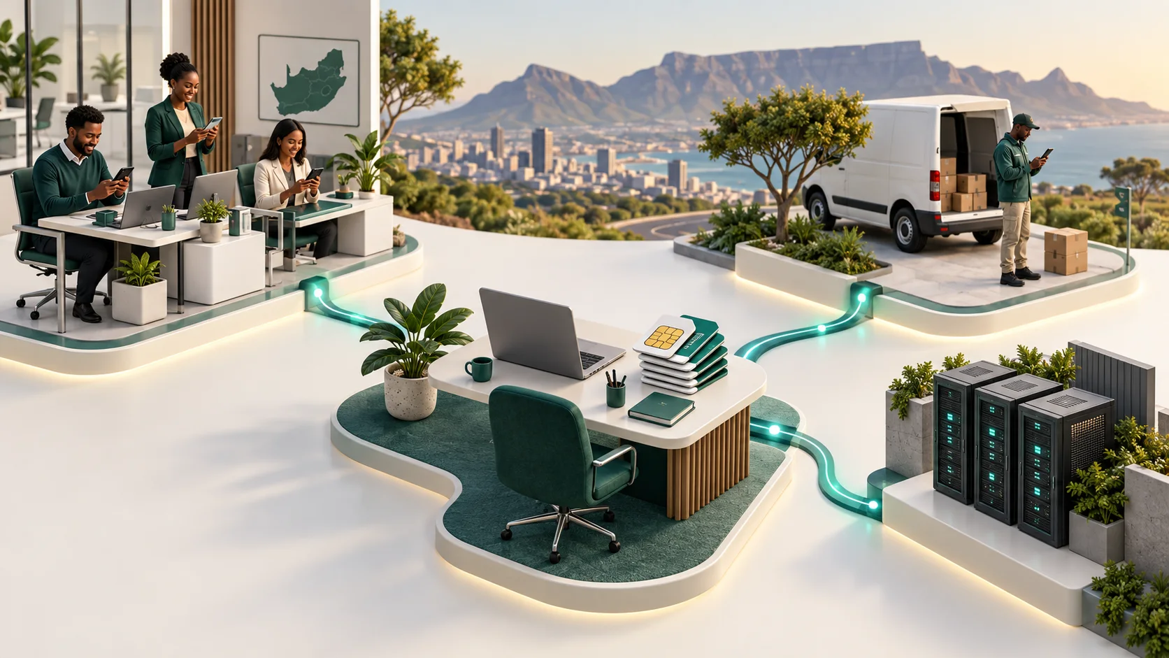 Illustration of a business airtime and data hub connecting office staff, a delivery team and a software platform