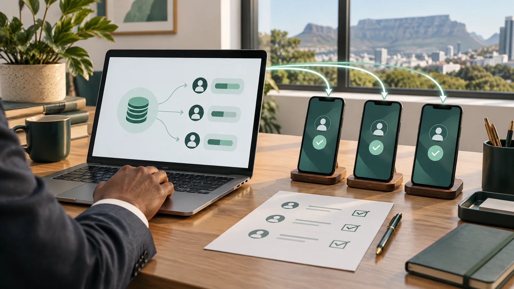 Illustration of a business distributing airtime from a laptop to staff phones