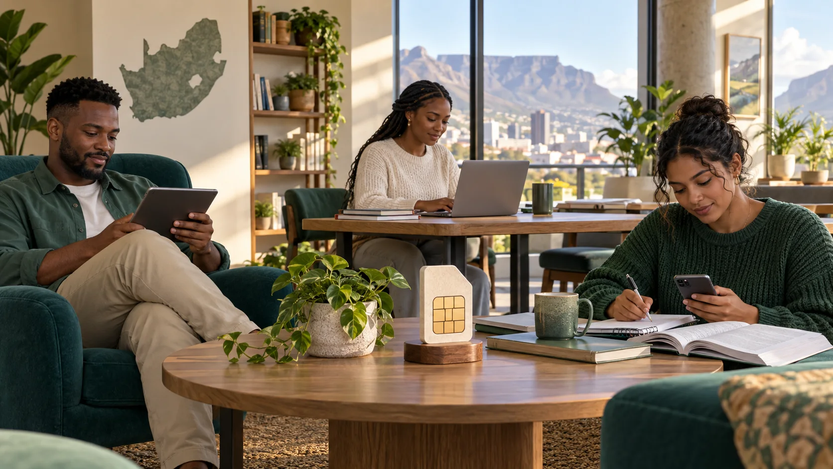 Editorial illustration of three adult learners using a tablet, laptop and phone in a South African study space
