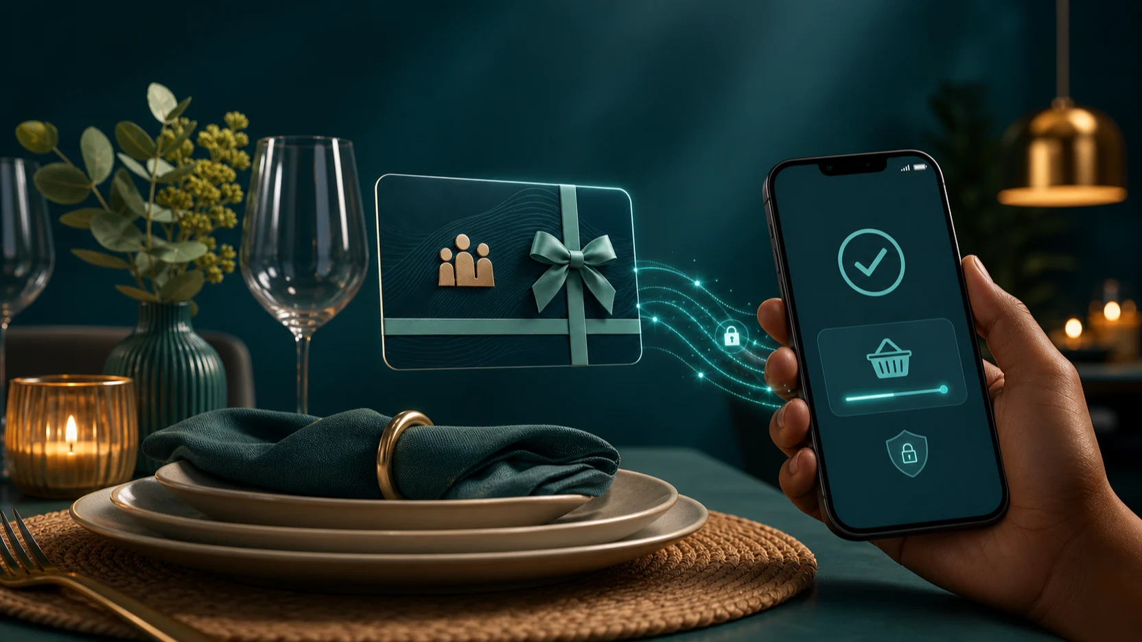 Warm restaurant gift voucher purchased through a secure digital wallet