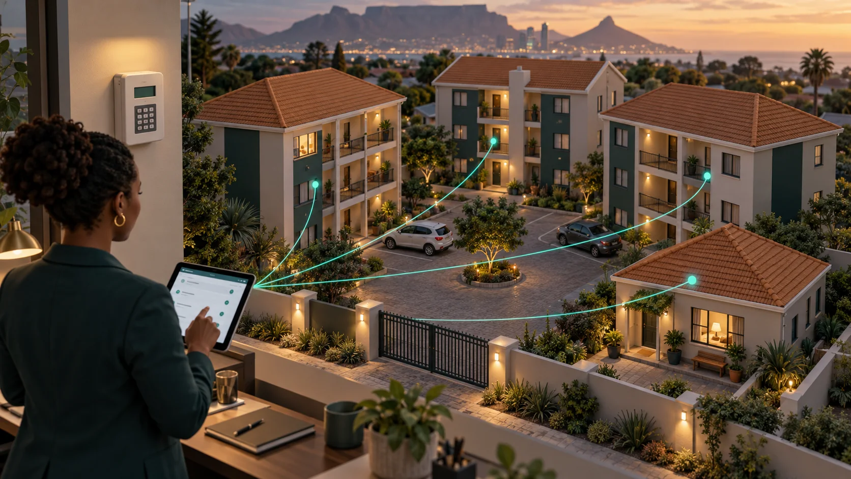 Editorial illustration of a property manager with a tablet and prepaid meter beside a portfolio of apartment buildings