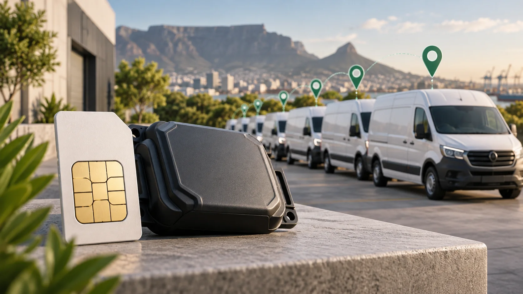 Illustration of a SIM card and tracking device beside a connected vehicle fleet